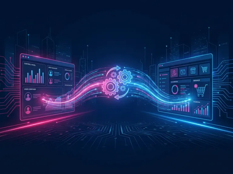 Twee systemen die via een API-koppeling automatisch data uitwisselen